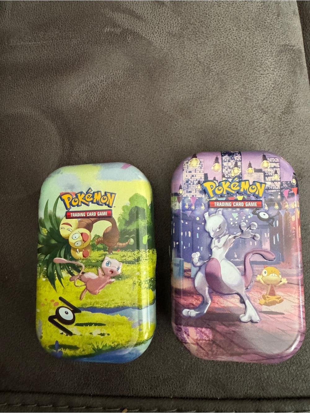 Trading Card Game Tin Case - Mew & Mewtwo Designs - Purple & Green